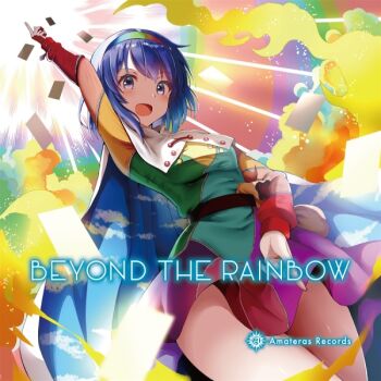 1girl album_cover arm_up blue_eyes blue_hair blush cloak cover cowboy_shot dress givuchoko hairband index_fingers_raised long_sleeves multicolored_hairband open_mouth patchwork_clothes rainbow_gradient short_hair sky_print solo tenkyuu_chimata touhou white_cloak