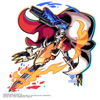 Rule 34 | arm blade, arm cannon, camisole, cape, commentary, digimoji, digimon, digimon (creature), fire, full body, highres, ice, mecha, omegamon, red cape, robot, simple background, solo, sword, two-sided cape, two-sided fabric, vh20/20, weapon, white background, white camisole
