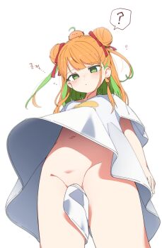 1girl ? absurdres blush bottomless closed_mouth commentary convenient_censoring double_bun earrings from_below green_eyes green_hair hair_bun hair_ribbon highres indie_virtual_youtuber jewelry korean_text long_hair looking_at_viewer luke_(dydansgur) multicolored_hair naked_shirt navel no_panties orange_hair oversized_clothes oversized_shirt red_ribbon ribbon shirt short_sleeves simple_background single_earring solo spoken_question_mark tamura_mikan translation_request virtual_youtuber white_background white_shirt wind