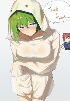 2girls absurdres blue_eyes blue_vest blush breasts collarbone commentary_request embarrassed ghost_costume green_hair grey_background halloween halloween_costume hand_on_own_arm highres looking_at_viewer medium_breasts medium_hair multiple_girls onozuka_komachi parted_lips raian_macaroni red_hair see-through_clothes shiki_eiki short_hair single_sidelock speech_bubble touhou two_side_up vest