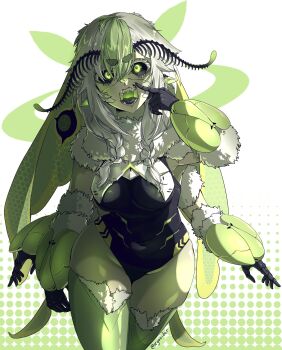 1girl absurdres antennae arthropod_girl black_sclera breasts chitin colored_sclera extra_arms fangs finger_to_mouth green_eyes green_hair highres indie_virtual_youtuber insect_girl insect_wings juniper_(artist) juniper_actias medium_breasts moth_antennae moth_girl moth_wings multicolored_hair open_mouth twitter_username uvula virtual_youtuber white_background white_fur white_hair wings