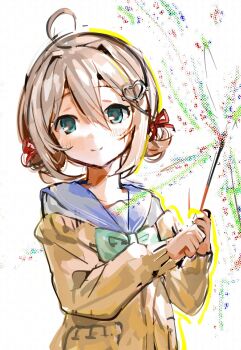 Rule 34 | 1girl, ahoge, ame0, blue eyes, blue sailor collar, bow, bowtie, brown hair, cardigan, closed mouth, green bow, green bowtie, hair between eyes, hair ornament, hair ribbon, hair rings, heart, heart hair ornament, highres, holding, holding fireworks, long sleeves, medium hair, neuro-sama, red ribbon, ribbon, sailor collar, simple background, smile, solo, upper body, vedal ai, virtual youtuber, white background, yellow cardigan