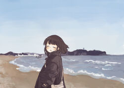 Rule 34 | 1girl, :o, absurdres, arms at sides, bag, beach, black jacket, blue sky, blush, brown hair, clear sky, closed eyes, collared jacket, cowboy shot, day, facing viewer, floating hair, from behind, hand in pocket, handbag, highres, horizon, jacket, long bangs, long hair, ocean, open mouth, original, outdoors, sasaxxxx06, shore, sidelocks, sky, solo, twitter username, waves