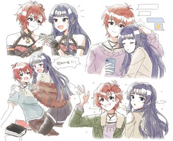 2girls arm_up black_hair blue_eyes book can cellphone closed_eyes closed_mouth commentary embarrassed emoji green_jacket grin half_updo hand_on_another&#039;s_head holding holding_can holding_phone idolmaster idolmaster_million_live! jacket julia_(idolmaster) lc_fuu long_hair looking_at_another looking_at_viewer mogami_shizuka multiple_girls multiple_views open_mouth phone red_hair shirt short_hair simple_background sleeping smartphone smile symbol-only_commentary waving white_background