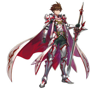 Rule 34 | 1boy, armor, art study, borrowed character, breastplate, brown hair, cape, commentary request, commission, fantasy, faulds, full armor, full body, gloves, greaves, green gloves, green pants, green shirt, highres, holding, holding sword, holding weapon, huge weapon, leg armor, looking at viewer, mytea (soso), original, pants, pauldrons, poleyn, red cape, red eyes, sabaton, shirt, short hair, shoulder armor, simple background, skeb commission, solo, sword, two-sided cape, two-sided fabric, vambraces, weapon, white background, white cape