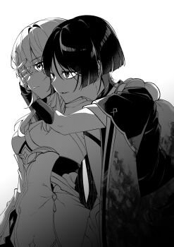 Rule 34 | 1boy, 1girl, absurdres, arm at side, armor, bag, bare shoulders, blood, blood on clothes, blunt ends, breasts, closed mouth, commentary request, corset, detached sleeves, dress, eyelashes, furisode, genshin impact, grabbing from behind, greyscale, hand over another's eye, hands up, highres, hug, hug from behind, iwoarazumi129, japanese armor, japanese clothes, kimono, kote, layered sleeves, leaning on person, looking to the side, lumine (genshin impact), medium breasts, monochrome, parted lips, rope, scaramouche (genshin impact), scarf, shimenawa, short hair, short hair with long locks, short sleeves, sidelocks, tsurime, wispy bangs