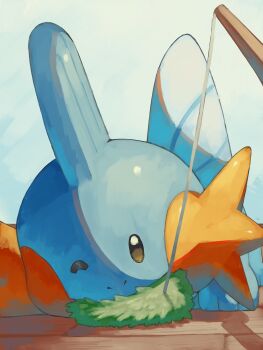cat_teaser closed_mouth fins gen_3_pokemon head_fins highres looking_at_viewer mudkip nintendo no_humans one_eye_closed p9kfxaofqi54546 pokemon pokemon_(creature) pokemon_focus solo tail