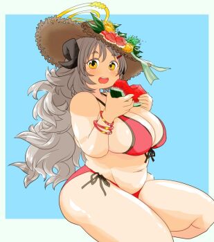 13988 1girl bikini blue_archive blue_background bracelet breasts cleavage curled_horns demon_girl eating flower food from_side front-tie_bikini_top front-tie_top fruit grey_hair hair_ornament hairclip halo hat hat_flower holding_fruit holding_watermelon horns izumi_(blue_archive) izumi_(swimsuit)_(blue_archive) jewelry large_breasts long_hair multiple_bracelets navel open_mouth plump red_bikini side-tie_bikini_bottom sitting solo straw_hat sun_hat swimsuit thick_thighs thighs watermelon watermelon_slice wavy_hair yellow_eyes