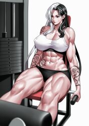 1girl 2025 abs alternate_costume alternate_hairstyle arm_tattoo black_hair blurry bra breasts cleavage clenched_hands collarbone commentary covered_erect_nipples cowboy_shot depth_of_field dolphin_shorts english_commentary exercise_machine exercising female_focus foot_out_of_frame foreshortening goddess_of_victory:_nikke gym hair_over_shoulder highres large_breasts leg_tattoo legs_up long_hair midriff multicolored_hair muscular muscular_female navel no_bra off_shoulder parted_bangs parted_lips ponytail red_eyes red_lips rosanna_(nikke) shoes shorts shoulder_tattoo simple_background sitting sneakers solo sports_bra straight_hair tattoo taut_clothes thick_thighs thighs toned toned_female two-tone_hair underwear white_bra white_hair zinfian