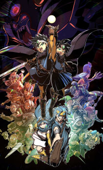 Rule 34 | arm up, cape, dragon quest, dragon quest iii, dual persona, everyone, evil smile, fangs, fighting stance, gadabout (dq3), helmet, hero (dq3), heroine (dq3), highres, holding, holding staff, kakashino kakato, looking at viewer, mage (dq3), mage staff, martial artist (dq3), merchant (dq3), monster wrangler (dq3), open mouth, playboy bunny, priest (dq3), roto (dq3), sage (dq3), smile, spiked hair, staff, sword, thief (dq3), third eye, warrior (dq3), weapon, winged helmet, zoma