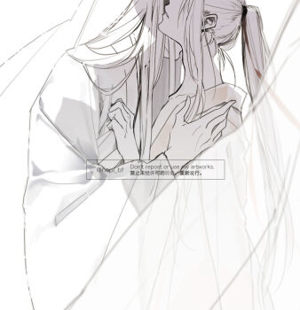 Rule 34 | 2boys, chinese clothes, clothes grab, collarbone, commentary request, couple, curtains, from side, greyscale, hair ribbon, hand on another's shoulder, hanfu, head out of frame, high ponytail, hug, kiss, kissing neck, lan wangji, long hair, long sleeves, male focus, modao zushi, monochrome, multiple boys, parted lips, ponytail, profile, red ribbon, ribbon, robe, see-through curtains, sidelocks, simple background, spot color, twitter username, watermark, wei wuxian, white background, wide sleeves, yaoi, ykmr (haga)