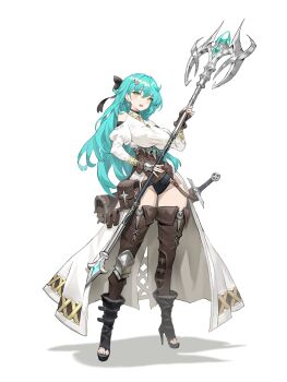 1girl absurdres arowana2111 blue_hair boots breasts brown_boots couter dress full_body hair_between_eyes hand_up high_heel_boots high_heels highres holding holding_staff large_breasts leotard leotard_under_clothes long_dress long_hair mage_staff open_mouth original scabbard sheath showgirl_skirt single_couter solo staff standing sword thigh_boots underbust upper_body weapon white_background white_dress yellow_eyes