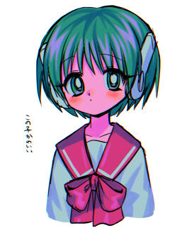 1girl blush bow bowtie bright_pupils closed_mouth collarbone green_eyes green_hair highres long_sleeves looking_at_viewer menma_(enaic31) multi_(to_heart) red_bow red_bowtie school_uniform serafuku short_hair simple_background solo to_heart to_heart_(series) translation_request upper_body white_background white_pupils