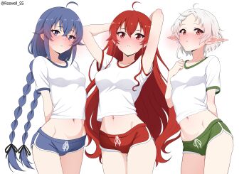 3girls absurdres ahoge arms_behind_back blue_eyes blue_hair blush braid breasts brown_eyes cropped_shirt dolphin_shorts eris_greyrat gluteal_fold grey_hair highres hip_bones long_hair looking_at_viewer medium_breasts multiple_girls mushoku_tensei navel red_eyes red_hair roswell_ss roxy_migurdia shirt short_hair short_shorts short_sleeves shorts small_breasts standing stomach sylphiette_(mushoku_tensei) thigh_gap twin_braids very_long_hair white_shirt