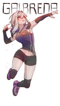 1girl black_shorts black_thighhighs blue_hair breasts character_name commentary detached_sleeves full_body galbrena_(wuthering_waves) hashtag-only_commentary highres jumping large_breasts long_hair looking_up multicolored_hair parted_lips purple_eyes sheep_4art shirt shoes short_shorts shorts simple_background sleeveless sleeveless_shirt smile solo sportswear thighhighs two-tone_hair volleyball_uniform white_background white_hair white_shoes wuthering_waves