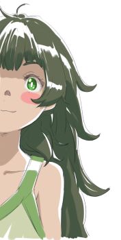 1girl :3 blush collarbone green_eyes green_hair green_tank_top green_trim highres hiyajou_maho long_hair looking_ahead menomorute messy_hair science_adventure simple_background smile solo steins;gate steins;gate_0 tank_top very_long_hair white_background