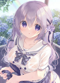 1girl blue_flower blue_skirt breasts collarbone commentary_request covered_erect_nipples floral_print flower grey_hair hair_between_eyes hair_flower hair_ornament long_hair looking_at_viewer medium_breasts original panties parted_lips plaid_clothes plaid_skirt print_panties purple_eyes purple_flower sailor_collar school_uniform see-through_clothes serafuku shirt short_sleeves skirt solo underwear very_long_hair wet wet_clothes wet_shirt white_panties white_sailor_collar white_shirt wringing_clothes wringing_skirt yukie_(peach_candy)