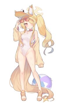 1girl absurdres animal_ear_fluff animal_ears bare_shoulders blonde_hair blue_archive breasts damarinasai_(mineo) extra_ears fox_ears fox_girl fox_tail hair_over_one_eye halo highleg highleg_one-piece_swimsuit highres jacket long_hair official_alternate_costume official_alternate_hairstyle one-piece_swimsuit open_clothes open_jacket pink_eyes sandals seia_(blue_archive) seia_(swimsuit)_(blue_archive) side_ponytail single_sleeve_past_fingers small_breasts solo swimsuit tail very_long_hair visor_cap white_one-piece_swimsuit yellow_halo yellow_jacket yellow_sandals