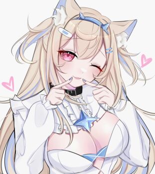 1girl absurdres animal_ear_fluff animal_ears black_collar blonde_hair blue_hairband blue_nails blue_streaks blush breasts cleavage cleavage_cutout closed_mouth clothing_cutout collar commentary dog_ears dog_girl double-parted_bangs dress english_commentary fake_horns fingernails fingers_to_mouth fuwawa_abyssgard hairband hands_up heart highres hololive hololive_english horn_hairband horns large_breasts long_hair long_sleeves looking_at_viewer multicolored_hair nail_polish one_eye_closed pink_eyes rosheil simple_background smile solo streaked_hair upper_body virtual_youtuber white_background white_dress