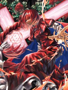 Rule 34 | 1girl, bababa, blue cape, bow, bowtie, braid, braided ponytail, bush, cape, capelet, commentary request, cross, feet out of frame, flower, from below, hair bow, hexagram, highres, long hair, long skirt, long sleeves, looking down, okazaki yumemi, outstretched hand, pursed lips, red bow, red bowtie, red cape, red capelet, red eyes, red flower, red skirt, red vest, shirt, skirt, solo, touhou, two-tone cape, vest, white bow, white shirt