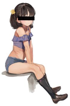 1girl absurdres black_hair black_socks brown_footwear censored child crop_top denim denim_shorts dorontabi flat_chest frills hair_ribbon highres censored_identity kneehighs midriff navel original ribbon short_shorts shorts simple_background sitting smile socks solo white_background