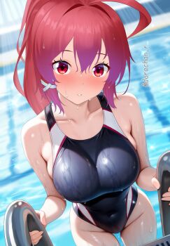 1girl ahoge black_one-piece_swimsuit blush breasts competition_swimsuit day dorachan_r hair_ribbon highres i-168_(kancolle) kantai_collection lane_line large_breasts long_hair looking_at_viewer one-piece_swimsuit ponytail pool pool_ladder red_eyes red_hair ribbon smile solo swimsuit twitter_username two-tone_swimsuit water wet wet_clothes wet_hair wet_swimsuit