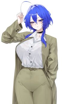 1girl absurdres ahoge arm_up bat_wings black_choker blue_eyes blue_hair bra_visible_through_clothes breasts brown_coat brown_pants buttons choker coat collarbone collared_shirt commentary covered_groin english_commentary first_one14 hair_between_eyes hair_intakes hand_in_pocket high-waist_pants highres holding holding_own_hair huge_ahoge large_breasts long_sleeves original pants shirt shirt_tucked_in short_hair sidelocks simple_background solo standing thighs white_background white_shirt wings