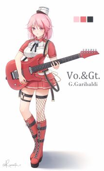 1girl armpit_cutout aticsanir boots clothing_cutout color_guide electric_guitar fishnet_thighhighs fishnets full_body giuseppe_garibaldi_(kancolle) guitar hat highres instrument kantai_collection lace-up_boots mini_hat multicolored_hair pink_eyes pink_hair red_boots red_hair red_shirt red_skirt shirt short_hair simple_background single_thighhigh skirt solo streaked_hair thighhighs white_background white_hat