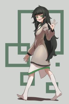 1girl :d blunt_bangs blush brown_jacket commentary_request from_side green_eyes green_hair grey_background highres hiyajou_maho jacket jacket_over_dress kneehighs kneepits long_hair messy_hair no_shoes open_mouth sadarann science_adventure simple_background smile smug socks solo standing steins;gate steins;gate_0 tongue very_long_hair walking waving white_socks