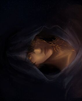 1boy 9158mimo cloak colored_veins commentary cracked_skin dim_lighting english_commentary expressionless glowing highres hood hood_up hooded_cloak light_particles looking_at_viewer male_focus omniscient_reader&#039;s_viewpoint one_eye_covered portrait secretive_plotter sideways solo yellow_eyes yoo_joonghyuk