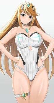 >:) 1girl bare_arms bare_shoulders blonde_hair blush breasts brown_eyes casual_one-piece_swimsuit chest_jewel choker cleavage closed_mouth collarbone commentary_request cowboy_shot earrings gem gluteal_fold gradient_background grey_background hair_ornament hands_on_own_hips head_tilt headpiece highres higofushi jewelry large_breasts long_hair looking_at_viewer mythra_(radiant_beach)_(xenoblade) mythra_(xenoblade) nintendo official_alternate_costume one-piece_swimsuit sidelocks single_earring smile solo straight_hair strapless strapless_one-piece_swimsuit striped_clothes striped_one-piece_swimsuit swept_bangs swimsuit thigh_gap thigh_strap thighs tiara v-shaped_eyebrows vertical-striped_clothes vertical-striped_one-piece_swimsuit very_long_hair white_choker white_one-piece_swimsuit xenoblade_chronicles_(series) xenoblade_chronicles_2