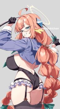 1girl aqua_eyes ass black-framed_eyewear black_gloves black_leotard black_thighhighs blue_archive breasts commentary_request crop_top feather_hair feathers from_behind glasses gloves grey_background hair_intakes half_gloves halo highres holding holding_riding_crop huge_breasts leotard long_hair long_sleeves looking_at_viewer official_alternate_costume orange_hair riding_crop semi-rimless_eyewear shigatsu_shizuki shimiko_(blue_archive) shimiko_(magical)_(blue_archive) simple_background skindentation smile solo thighhighs thighs yellow_feathers yellow_halo