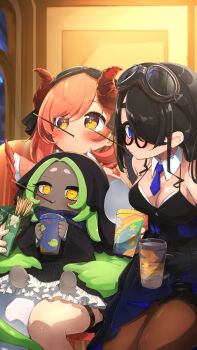 3girls black_dress black_hair blue_eyes blue_scarf blush box breasts cleavage closed_mouth commentary_request couch cup dark-skinned_female dark_skin demon_girl demon_horns dress eyebrows_hidden_by_hair food food_in_mouth full_body glasses goggles goggles_on_head green_hair hair_between_eyes hair_over_one_eye highres holding holding_box holding_cup horizontal_pupils horns looking_at_viewer medium_breasts monster_girl multicolored_hair multiple_girls on_couch original pink_hair pocky pocky_in_mouth scarf sitting sitting_on_lap sitting_on_person smile two-tone_hair yamanedo yellow_eyes