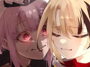 2girls absurdres black_tiara blonde_hair brown_hair close-up closed_eyes closed_mouth commentary english_commentary gigi_murin gigi_murin_(1st_costume) hamburger_steak highres hololive hololive_english insfidelie long_hair mori_calliope mori_calliope_(1st_costume) multicolored_hair multiple_girls pink_eyes pink_hair sweat tiara two-tone_hair veil virtual_youtuber