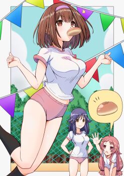 Rule 34 | 3girls, absurdres, bloomers, bob cut, bread bun, breasts, brown eyes, brown hair, chain-link fence, closed mouth, fence, goro yuuharu, gym shirt, gym shorts, gym uniform, hair between eyes, hairband, hand on own hip, highres, jumping, large breasts, leaning forward, light smile, long hair, looking up, low-tied long hair, low twintails, makoto (princess connect!), makoto (real) (princess connect!), multiple girls, outdoors, outstretched hand, pink bloomers, pink eyes, pink hair, pink hairband, princess connect!, purple hair, rin (princess connect!), rin (real) (princess connect!), shirt, short hair, short sleeves, shorts, sidelocks, standing, twintails, underwear, very long hair, yellow eyes, yui (princess connect!), yui (real) (princess connect!)
