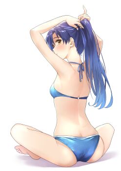 1girl absurdres adjusting_hair arms_up ass b1ack_illust back barefoot bikini blue_bikini blue_hair blush breasts brown_eyes butt_crack commentary female_focus from_behind full_body highres idolmaster idolmaster_(classic) kisaragi_chihaya legs long_hair looking_back on_floor parted_lips ponytail sitting small_breasts solo swimsuit thighs tying_hair white_background