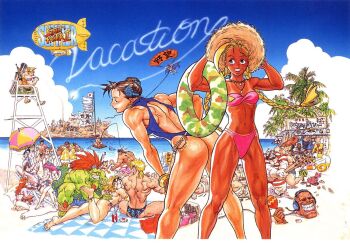 Rule 34 | 1990s (style), 6+boys, 6+girls, ?, aircraft, akuma (street fighter), anklet, armlet, ass, back, bad id, bandeau, barefoot, baseball bat, beach, beach umbrella, bear pelt, beard, bent over, bikini, bikini tan, black male swimwear, black swim briefs, blanka, blanket, blindfold, blonde hair, blue bikini, blue male swimwear, blue one-piece swimsuit, blue swim trunks, bracelet, braid, brown hair, buried, cammy white, camouflage, camouflage male swimwear, camouflage swimsuit, can, capcom, casual one-piece swimsuit, chair, chun-li, cloud, club (weapon), coconut, colored skin, company connection, copyright name, crab, cross, cross necklace, dark skin, day, dee jay, dhalsim, dirigible, double bun, drink, drink can, e. honda, earrings, eliza masters, everyone, eyewear on head, facial hair, feathers, feet, fei long, final fight, fishing, fishing rod, flag, flat chest, food, fruit, green male swimwear, green skin, green swim trunks, grin, guile, gun, hair bun, hat, headband, headphones, highres, holding, holding swim ring, hot air balloon, inflatable raft, innertube, instrument, japan, jewelry, ken masters, legs, lifeguard, lightning bolt print, lipstick, log, long hair, lounge chair, lying, m. bison, m1 bazooka, makeup, male swimwear, maracas, mexico, midriff, multiple boys, multiple girls, muscular, nail (hardware), nail bat, native american, navel, necklace, nishimura kinu, official art, official wallpaper, on back, on stomach, one-piece swimsuit, outdoors, palm tree, panties, parachute, peaked cap, pelt, pink bikini, pink hair, pink male swimwear, pink swim trunks, poison (final fight), ponytail, print innertube, print male swimwear, print swim briefs, print swim trunks, print swimsuit, raft, red bikini, red hair, retro artstyle, rifle, rocket launcher, roxy (final fight), ryu (street fighter), sagat, sandals, shark, shop, short hair, shorts, side-tie bikini bottom, sitting, sky, skywriting, smile, sniper rifle, soda can, squatting, standing, strapless, straw hat, street fighter, street fighter ii (series), striped male swimwear, striped swim trunks, suikawari, sunglasses, swim briefs, swim ring, swim trunks, swimsuit, tan, tanline, third-party source, thong, thong bikini, thunder hawk, top hat, topless male, tree, tube top, twin braids, umbrella, unconventional male swimwear, underwear, vega (street fighter), vertical-striped male swimwear, water, watermelon, weapon, white one-piece swimsuit, white shorts, zangief