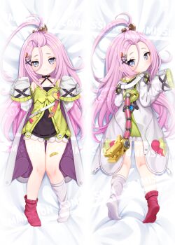 1girl aino_(genshin_impact) bandaid bandaid_on_leg bangs_pinned_back blue_eyes blush closed_mouth coat commentary commission comodox dakimakura_(medium) dress english_commentary genshin_impact green_dress hair_ornament hairclip hands_up highres long_hair long_sleeves looking_at_viewer lying mismatched_socks multiple_views on_back on_stomach pink_hair red_socks sample_watermark screw_hair_ornament sleeves_past_wrists smile socks variant_set very_long_hair watermark white_coat white_socks