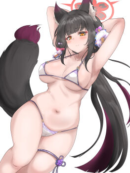 1girl animal_ear_fluff animal_ears armpits arms_behind_head bikini black_hair blue_archive blush breasts cameltoe colored_inner_hair eyeshadow flower fox_ears fox_girl fox_tail hair_flower hair_ornament halo highres large_breasts long_hair looking_at_viewer machismo_fuji makeup micro_bikini multicolored_hair navel official_alternate_costume red_eyeshadow red_hair red_halo sidelocks smile solo string_bikini swimsuit tail thigh_strap underboob wakamo_(blue_archive) wakamo_(swimsuit)_(blue_archive) white_bikini yellow_eyes