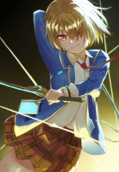 >:) 1girl absurdres arm_behind_head blonde_hair blue_jacket brown_skirt chinese_commentary closed_mouth collared_shirt commentary_request cowboy_shot dual_wielding floating_hair flowingcrescent gradient_background hair_over_one_eye heaven_burns_red highres holding holding_sword holding_weapon jacket kayamori_ruka long_bangs long_sleeves miniskirt necktie one_eye_covered open_clothes open_jacket plaid_clothes plaid_skirt pleated_skirt red_eyes red_necktie shirt short_hair simple_background skirt smile solo sword v-shaped_eyebrows weapon white_shirt yellow_background