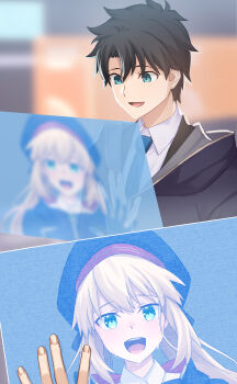 1boy 1girl :d artoria_caster_(fate) artoria_caster_(second_ascension)_(fate) artoria_pendragon_(fate) black_hair blonde_hair blue_eyes blue_hat blue_necktie collared_shirt commentary_request commission crying fate/grand_order fate_(series) fujimaru_ritsuka_(male) fujimaru_ritsuka_(male)_(mage&#039;s_association_uniform) green_eyes happy_tears hat highres holographic_monitor long_hair necktie open_mouth shirt skeb_commission smile streaming_tears tears teeth twintails upper_teeth_only very_long_hair white_shirt yu_sakae