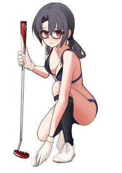 1girl ball bikini black-framed_eyewear black_hair black_socks blue_bikini blush breasts closed_mouth commentary fingerless_gloves full_body glasses gloves golf_ball golf_club highres holding holding_golf_club idolmaster idolmaster_million_live! kneehighs long_hair looking_at_viewer low_twintails on_one_knee raised_inner_eyebrows red_eyes shoes simple_background soayo socks solo swimsuit takayama_sayoko twintails untranslatable_commentary white_background white_gloves white_shoes