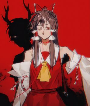 2girls ascot bare_shoulders bow brown_hair detached_sleeves hair_tubes hakurei_reimu heinrich_(fernanderuddle) highres horns kicchou_yachie kouhaku_nawa long_hair long_sleeves looking_at_viewer multiple_girls one_eye_closed red_background red_bow red_eyes red_shirt red_skirt rope shimenawa shirt silhouette skirt string string_of_fate touhou upper_body wide_sleeves yellow_ascot