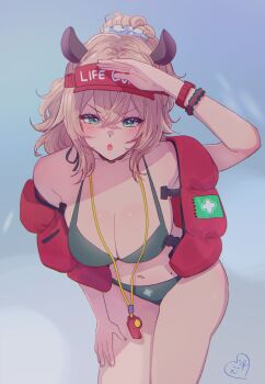 Rule 34 | 1girl, absurdres, animal ears, arm up, bikini, blonde hair, breasts, cleavage, commentary, crossed bangs, double-parted bangs, english commentary, green bikini, green eyes, hair between eyes, hair ornament, hair scrunchie, hat, highres, indie virtual youtuber, kokomi (aniesuakkaman), large breasts, leaning forward, life vest, lifeguard, looking at viewer, medium hair, mole, navel, nimi nightmare, nimi nightmare (lifeguard), official alternate costume, official alternate hairstyle, open mouth, ponytail, red hat, red vest, scrunchie, solo, stomach, swimsuit, tapir ears, v-shaped eyebrows, vest, virtual youtuber, whistle, whistle around neck