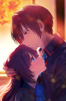 Rule 34 | 1boy, 1girl, a-chan (little busters!), absurdres, backlighting, black jacket, blue bow, blue eyes, blue necktie, blush, bow, collared shirt, commentary request, couple, eyelashes, fingernails, from side, hair between eyes, height difference, hetero, highres, hug, jacket, little busters!, little busters! school uniform, long hair, looking at another, looking down, looking up, miiizuno lbs, natsume kyousuke, necktie, parted lips, profile, school uniform, shirt, short hair, sunset, sweat, tareme, tsurime, upper body, white shirt