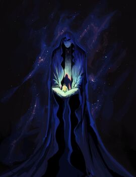 Rule 34 | 2boys, blue cloak, book, cloak, different shadow, full body, galaxy, glowing, highres, holding, holding book, hood, hood up, hooded cloak, jewelry, kim dokja, male focus, mini person, miniboy, multiple boys, oldest dream, omniscient reader&#039;s viewpoint, open book, pendant, secretive plotter, shirt, sitting on books, size difference, sky, space, star (sky), starry sky, tangerinegod, vest, white shirt, yellow vest, yoo joonghyuk