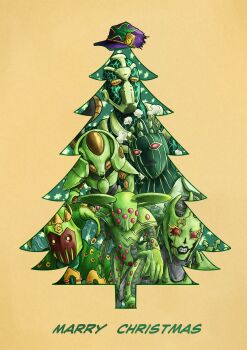 6+others absurdres ball_breaker_(stand) baseball_cap c-moon_(stand) christmas christmas_tree colored_skin commentary_request compound_eyes diamond_wa_kudakenai echoes_(stand) echoes_act2 english_text extra_eyes green_day_(stand) green_skin hat hierophant_green highres jojo_no_kimyou_na_bouken jojolion kaib0y merry_christmas multiple_others no_humans pink_eyes purple_hat red_eyes simple_background stand_(jojo) star_(symbol) star_print stardust_crusaders steel_ball_run stone_ocean vento_aureo vitamin_c_(stand)
