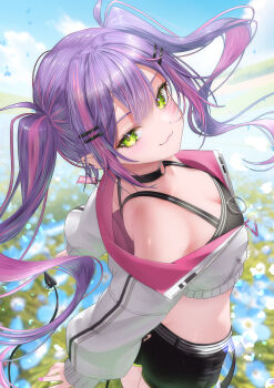 1girl absurdres bare_shoulders belt black_choker black_shirt black_shorts breasts choker closed_mouth commentary cowboy_shot crop_top cropped_jacket from_side green_eyes hair_ornament hairclip highres hololive jacket long_hair long_sleeves looking_at_viewer midriff multicolored_hair nanaki24 o-ring o-ring_choker off_shoulder pointy_ears purple_hair shirt short_shorts shorts sleeveless sleeveless_shirt small_breasts smile solo streaked_hair tokoyami_towa tokoyami_towa_(1st_costume) twintails virtual_youtuber white_jacket