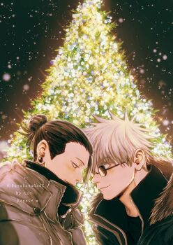 2boys basabasagoge black_hair black_jacket black_scarf black_shirt blue_eyes blush christmas christmas_tree closed_mouth commentary_request earrings fur-trimmed_hood fur_trim getou_suguru gojou_satoru hair_bun highres hood hooded_jacket jacket jewelry jujutsu_kaisen male_focus multiple_boys night outdoors plug_(piercing) round_eyewear scarf shirt single_hair_bun sky smile snowing sunglasses tree upper_body watermark winter_clothes yaoi