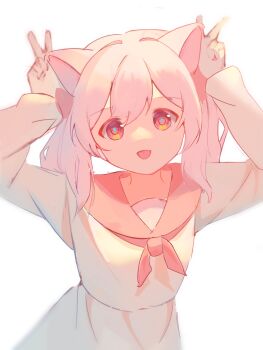 1girl awsj7858 cat_girl double_v highres mei_yangyang neckerchief open_mouth pink_eyes pink_hair pink_neckerchief pink_sailor_collar sailor_collar shadow shirt simple_background smile solo v white_background white_shirt xiyangyang_yu_huitailang